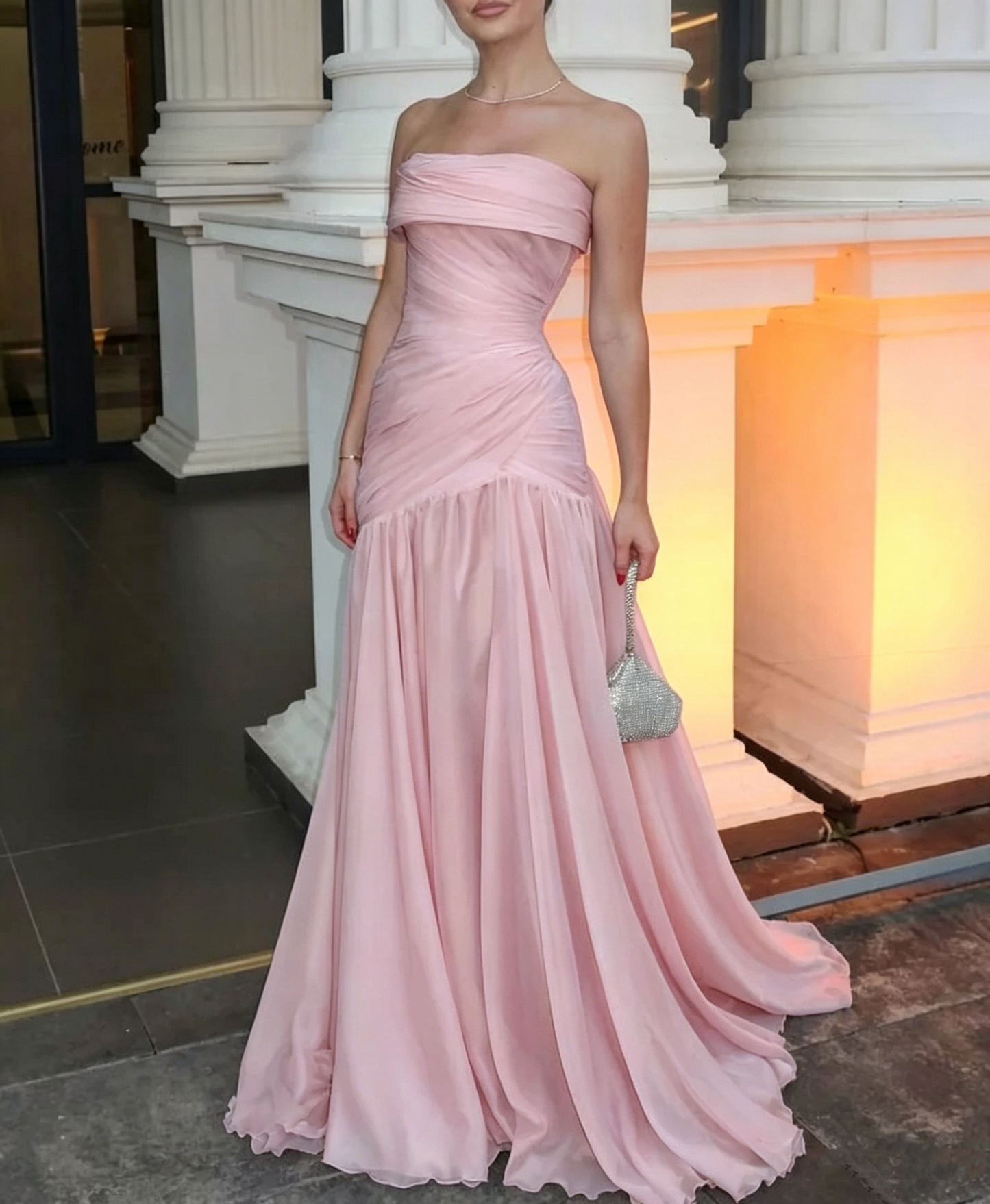 Gorgeous Chic Blue Strapless Sleeveless A Line Long Prom Dresses With Pleated Formal Gowns AB393