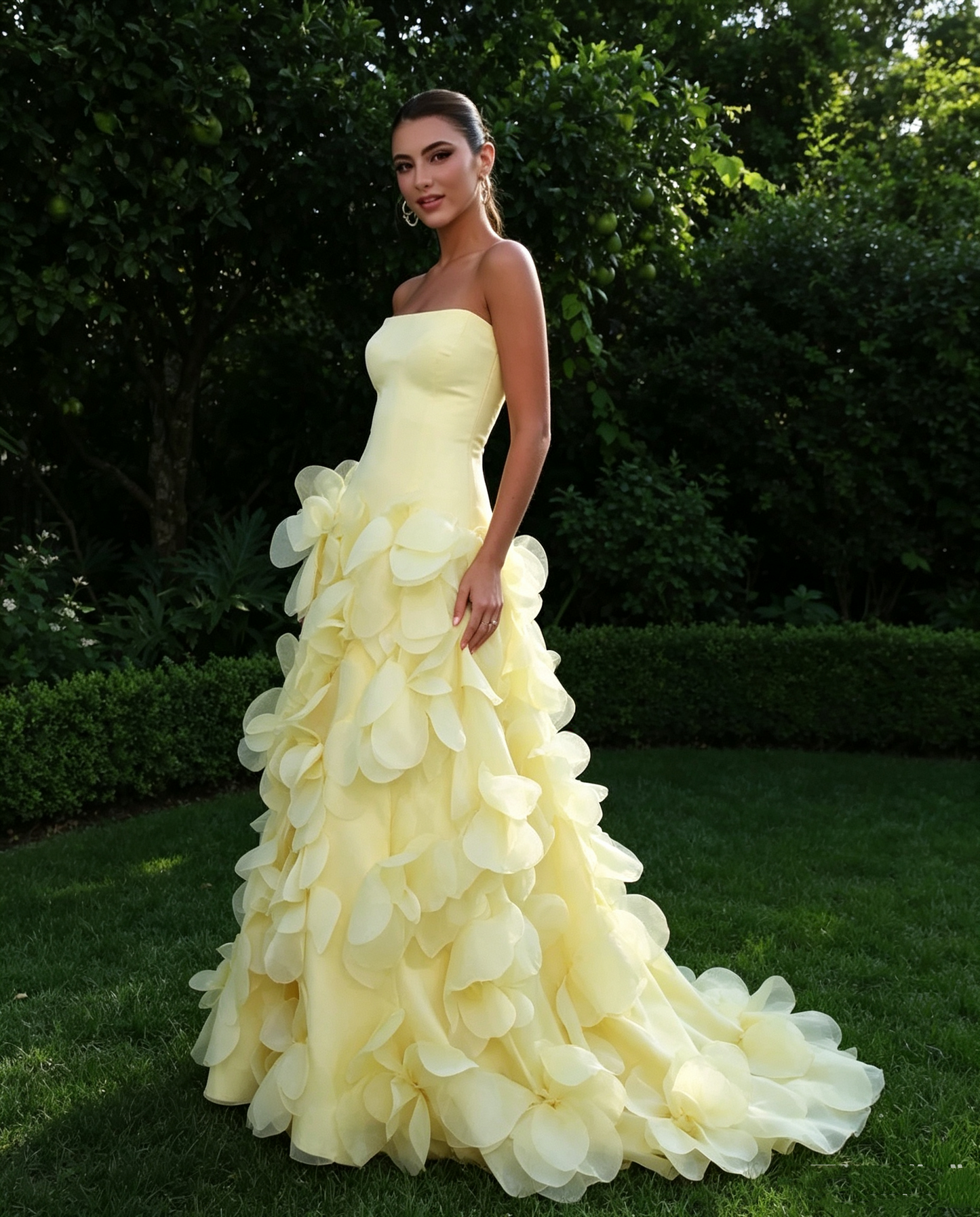 Modest A Line Strapless Yellow Chiffon Prom Dresses Inspo Simple Long Prom Gowns AB251