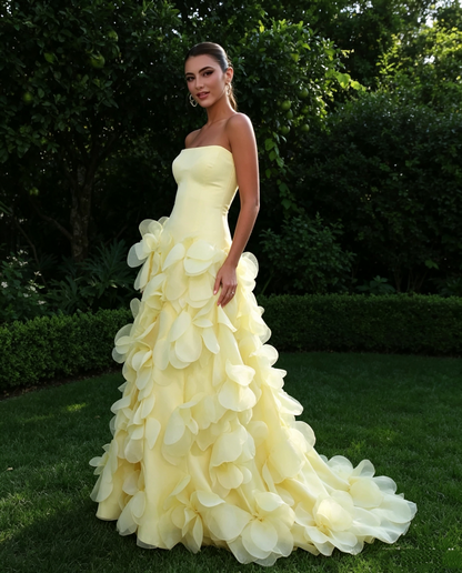 Modest A Line Strapless Yellow Chiffon Prom Dresses Inspo Simple Long Prom Gowns AB251
