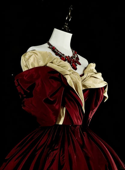 Vintage 1760s Ball Gown Off The Shoulder Burgundy Satin Pleated Long Prom Dresses N1595