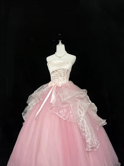 Sweet 16 Dresses Long Ball Gown Sweet Sixteen Long Birthday Dress Strapless Pink Tulle Formal Gown RC0324