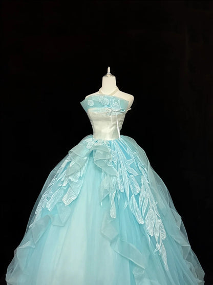 Cute Sweet 16 Dresses Long Ball Gown Strapless Blue Lace Tulle Formal Sweet Sixteen Birthday Gown RC0264