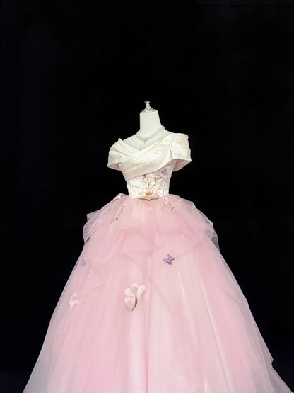 Cute Sweet 16 Dresses Long Ball Gown Off Shoulder Pink Tulle Formal Sweet Sixteen Birthday Gown RC0249