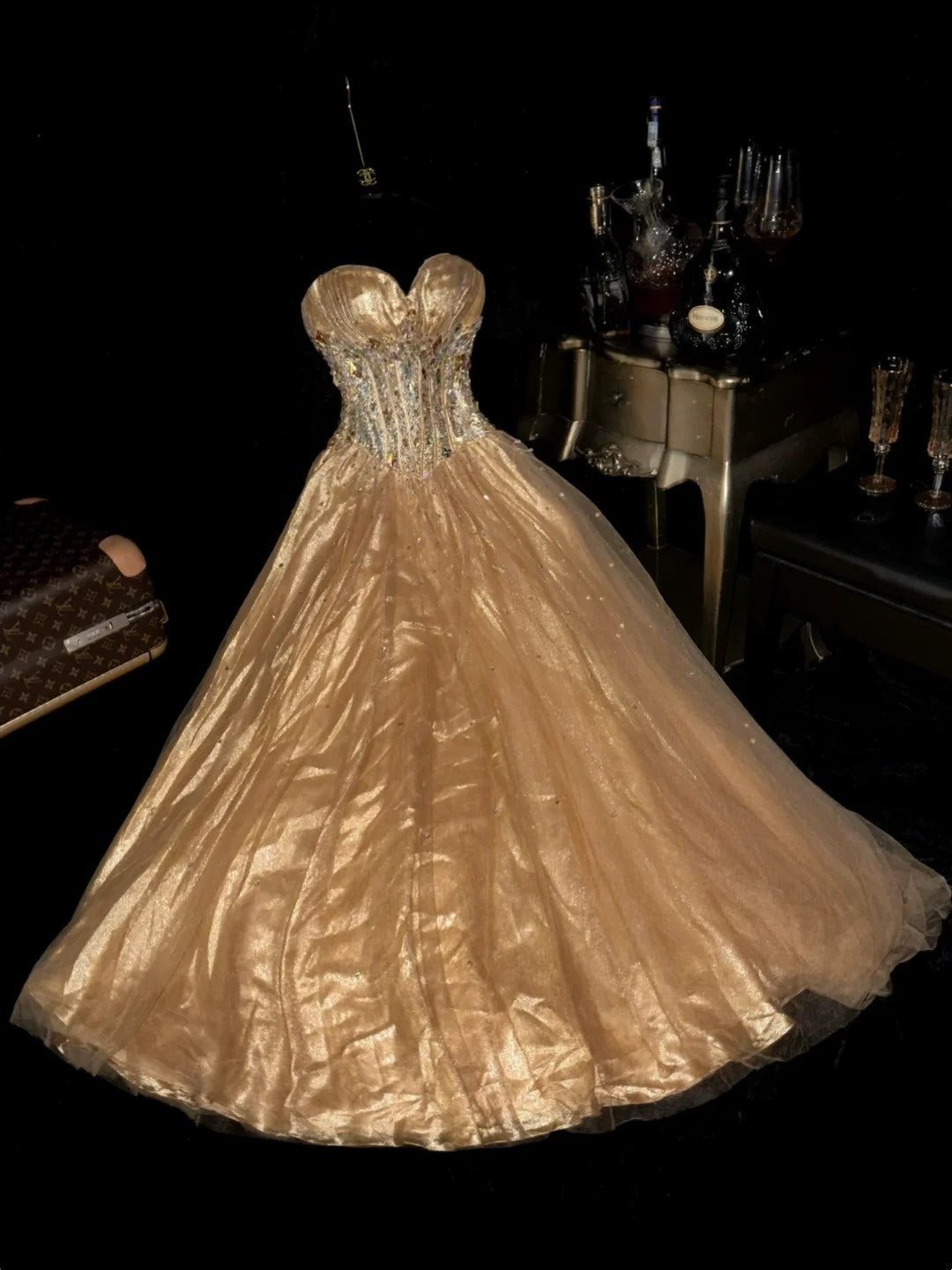 Elegant Ball Gown Sweetheart Gold Tulle With Beading Prom Dresses Formal Outfits Evening Night Dress RB8244