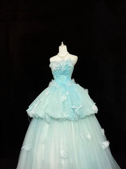 Sweet 16 Dresses Long Ball Gown Sweet Sixteen Long Birthday Dress Strapless Blue Tulle Formal Gown RC0321