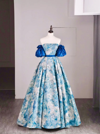 Beautiful Ball Gown Strapless Blue Floral Satin Long Prom Dresses Formal Gowns Inspo Evening Outfit N241