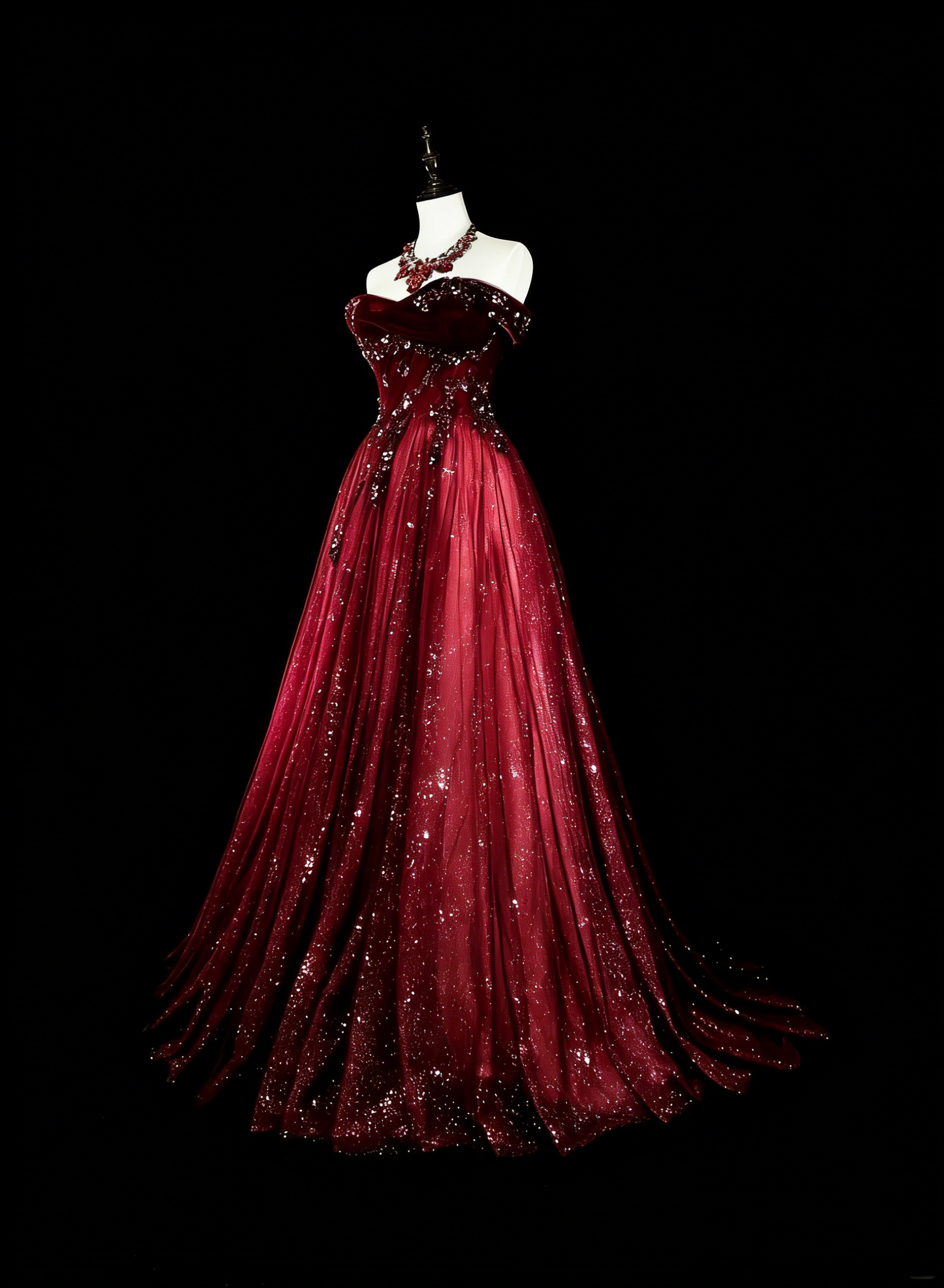 Off-Shoulder Sparkly A line Burgundy With Appliques Long Prom Dress Wine Red Party Dresses N1777