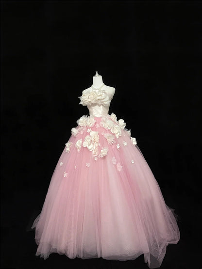 Sweet 16 Dresses Long Ball Gown Sweet Sixteen Long Birthday Dress Strapless Pink Tulle Formal Gown RC0332
