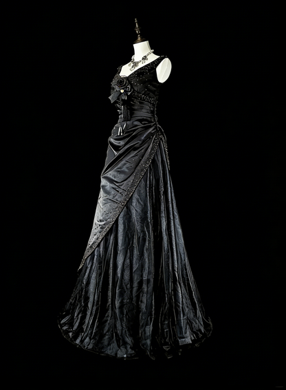Dreamy Prom Dresses Vintage 90s With Beads V Neck A line Satin Black Long Formal Outfits N2375