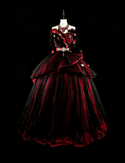Modest Prom Dresses Ball Gown Strapless Burgundy Tulle With Appliqued Long Quince Dress N3066