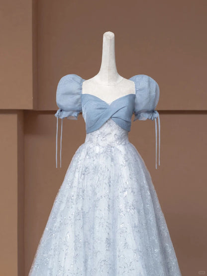 Fairytale Ball Gown Sweetheart With Puffy Sleeves Blue Tulle Long Formal Evening Dress Formal Birthday Gowns Prom Dresses N730