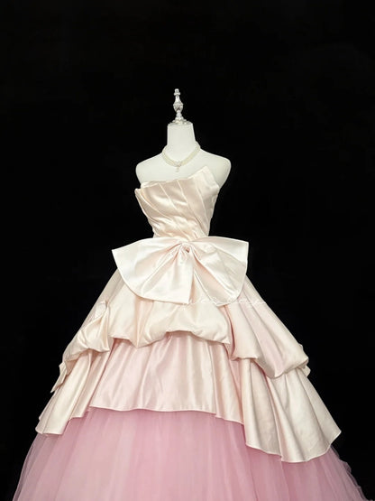Cute Sweet 16 Dresses Long Ball Gown Strapless Blush Pink Satin Tulle Formal Sweet Sixteen Birthday Gown RC0262
