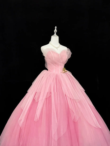 Sweet 16 Dresses Long Ball Gown Sweet Sixteen Long Birthday Dress Sweetheart Pink Tulle Formal Gown RC0296