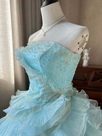 Cute  Ball Gown Strapless Light Blue With Layers Tiered Sweet 16 Dresses Long 15 Vestidos De Fiesta N2268