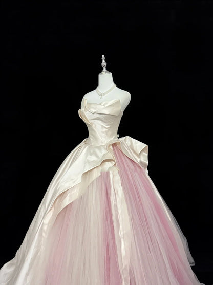 Cute Sweet 16 Dresses Long Ball Gown Strapless Pink Satin Tulle Formal Sweet Sixteen Birthday Gown RC0260
