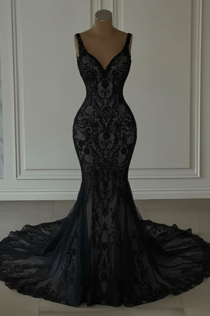 Mermaid Lace Sweetheart Wedding Dress V-neck Long Bridal Dress with Train AB1708
