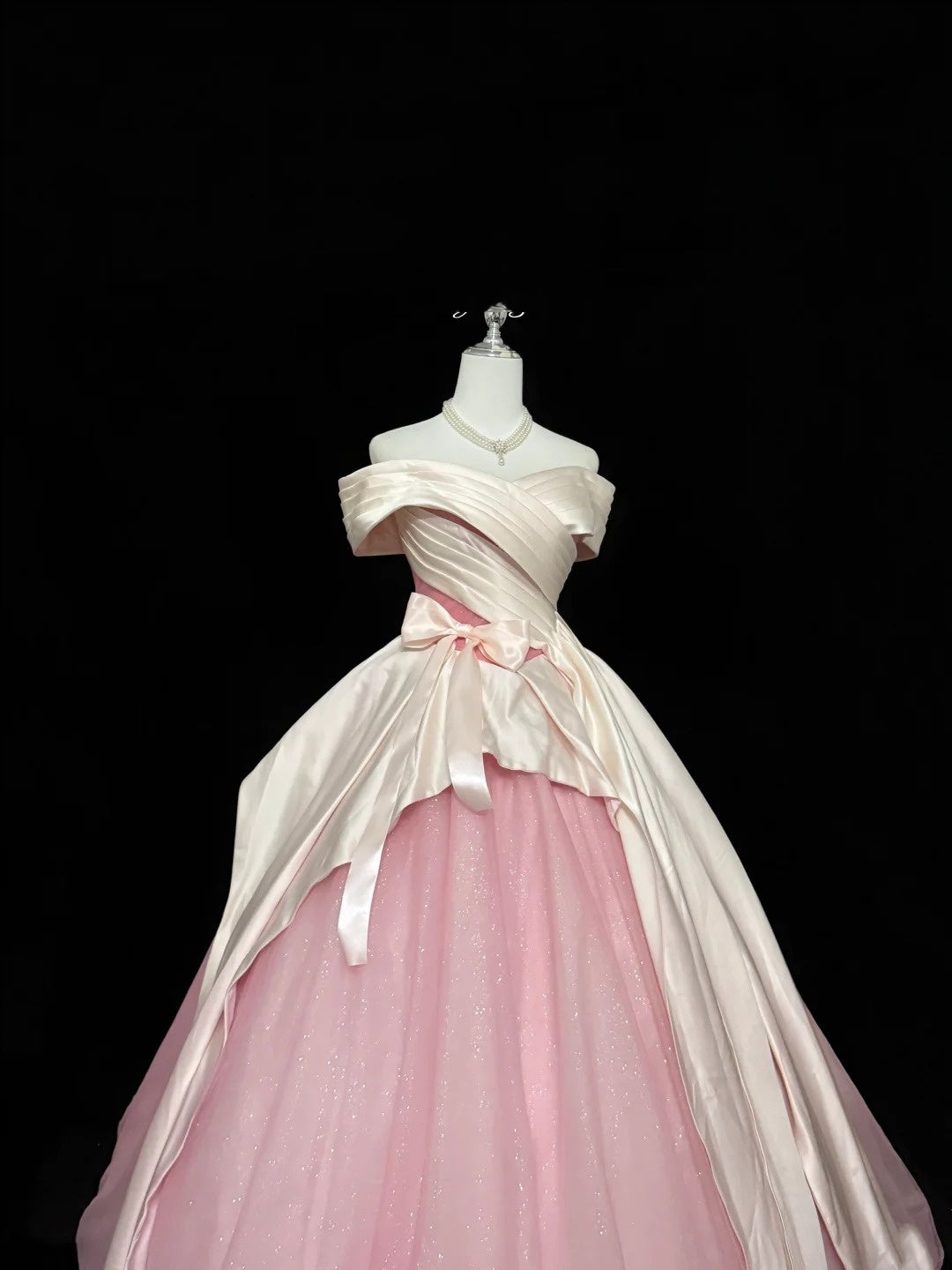 Tulle Prom Dress Long Floor Length Ball Gown Off Shoulder Pink With Sleeves Formal Evening Gown For Women RC0259