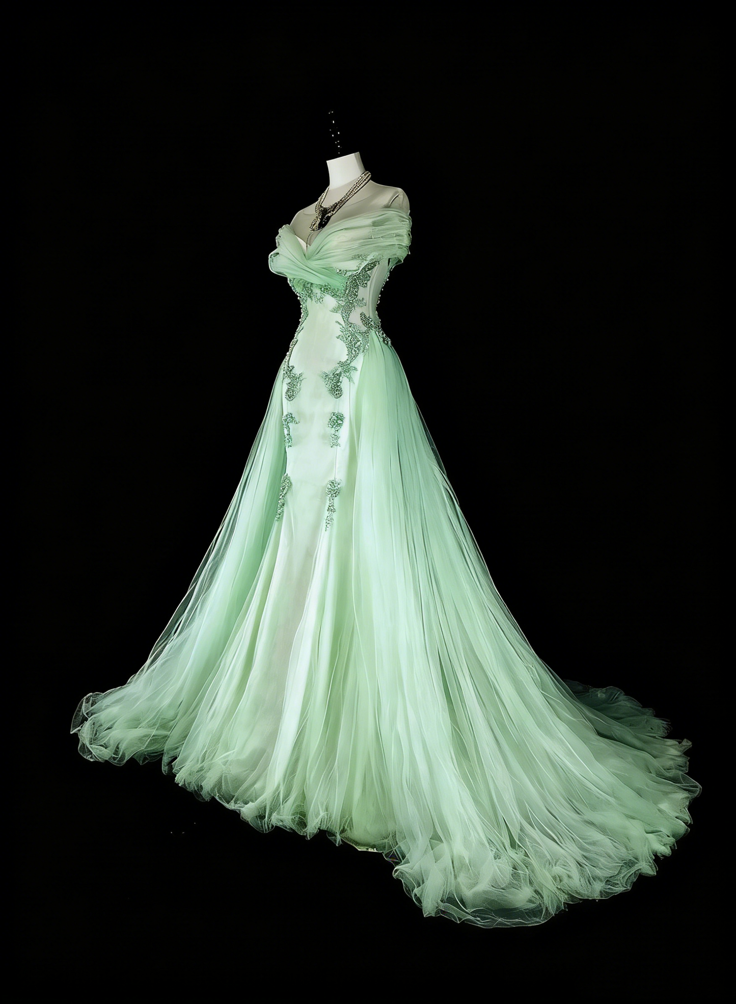 Dreamy Prom Dresses Vintage 80s Retro Off The Shoulder Mint Green Tulle Lace Long Formal Outfits N2365