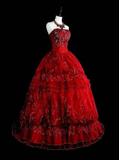 Vintage Prom Dresses Ball Gown Strapless Burgundy Tulle 2000s Long Party Dress N2383