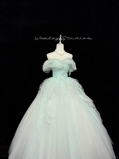 Tulle Prom Dress Long Floor Length Ball Gown Off Shoulder Mint Green With Sleeves Formal Evening Gown For Women RC0276