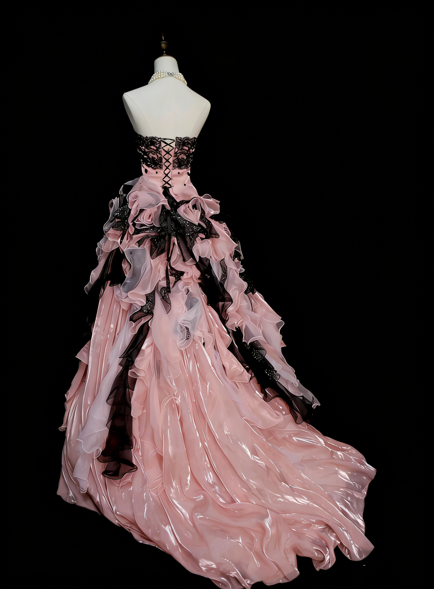 Sweet Ball Gown Strapless Pink Tulle With Tiered Layers Ruffles Long Party Gowns Prom Dresses N2242