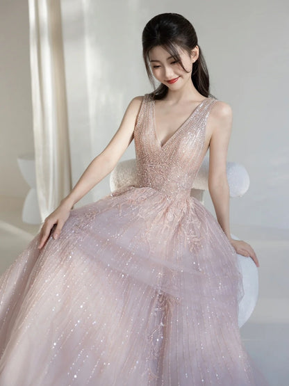 Cute Ball Gown Deep V Neck Pink Sequin Long Prom Dresses Impress 19th Birthday Outfits Prom Gown N236