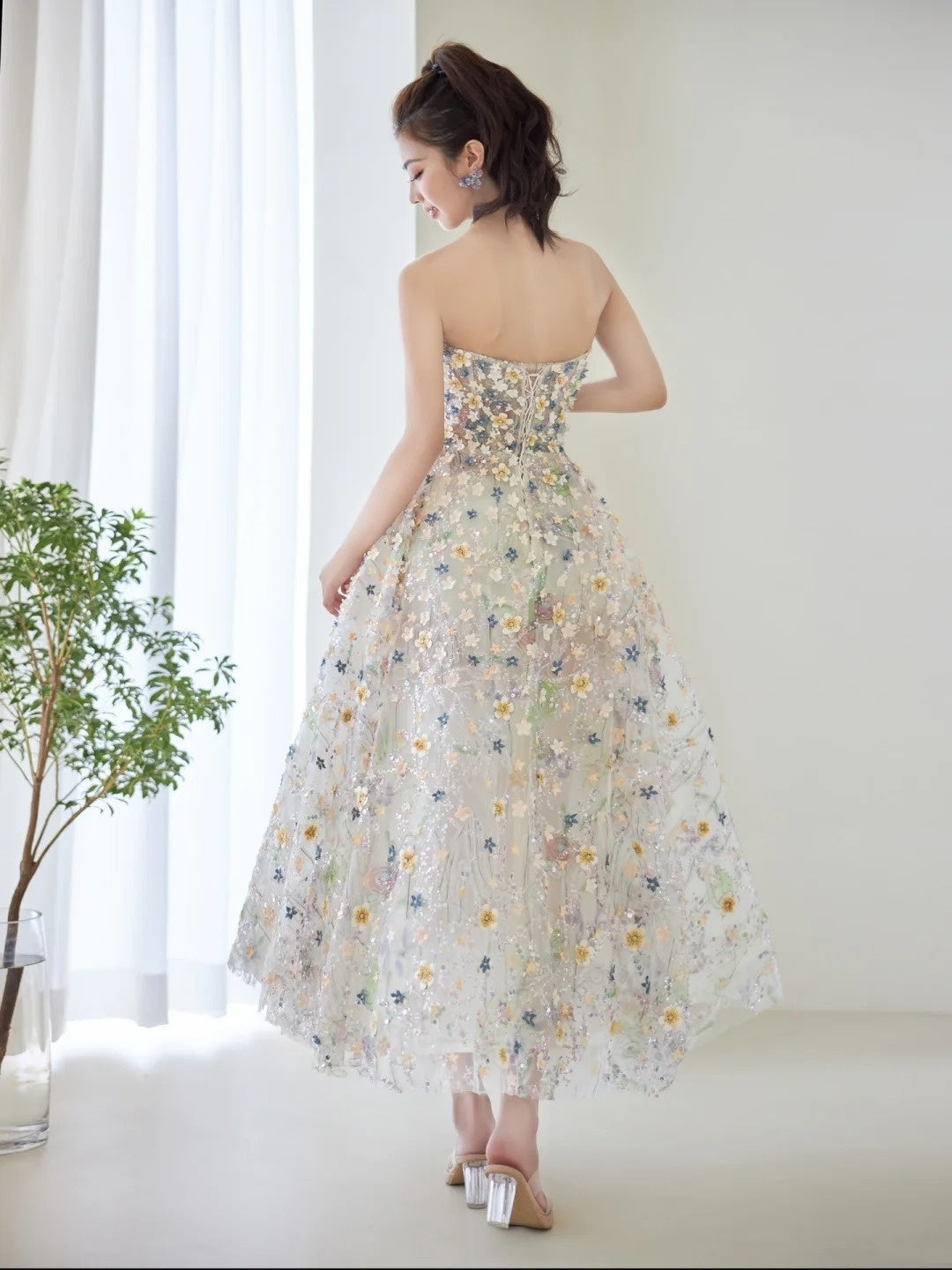 Cute Ball Gown Sweetheart Floral Tulle Tea Length Prom Dresses Formal Gowns Inspo Evening Outfit N303