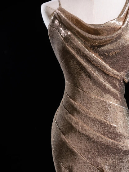 Glitter Mermaid Asymmetrical Neck Sequin Long Prom Dresses Champagne Formal Gowns Inspo Evening Outfit N228
