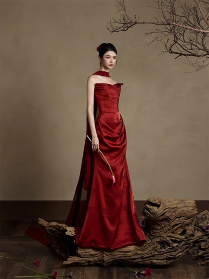 Simple Mermaid Sweetheart With Scarf Burgundy Satin Long Prom Dresses Formal Gowns Inspo Evening Outfit N230