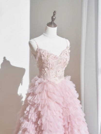 Cute Ball Gown Spaghetti Strap Blush Pink Tulle Long Prom Dresses Inspiration Evening Gowns Formal Party Prom Dress N235