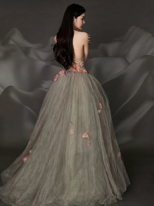 Charming Ball Gown Strapless Tulle Long Evening Prom Dresses Floor Length Evening Formal Dress N275