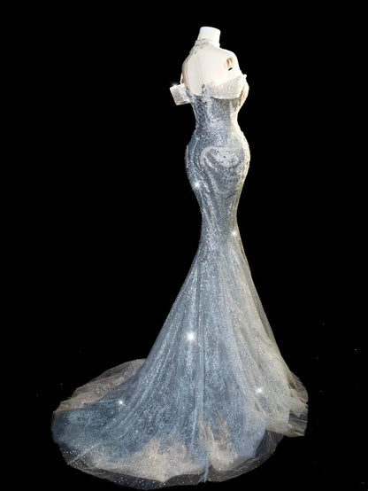 Fairytale Fantasy Art Wedding Dresses Mermaid Off The Shoulder Sequin With Beaded Bodice Long Brides Dress Fitted Bridal Gown N674