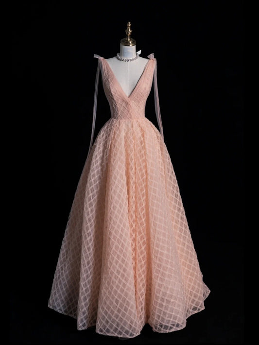 Modest Ball Gown V Neck Pink Tulle Long Formal Evening Dress Gowns Formal Prom Dresses N749