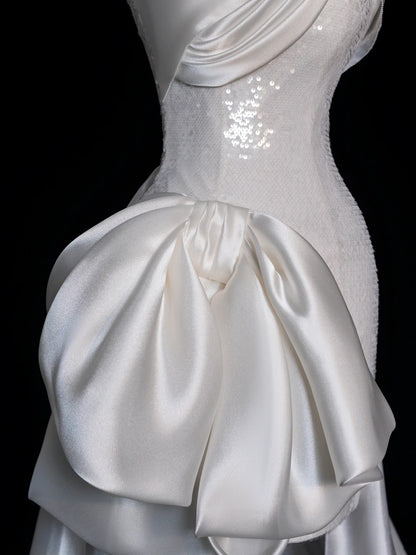 Princesses Elegant Sheath Strapless White Sequined With Satin Train Wedding Gown Short Fairytale Summer Wedding Dresses N668