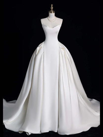 Modest Ball Gown Sweetheart White Satin With Pleated Wedding Dress Long Fairytale Autumn Bridal Dresses N690