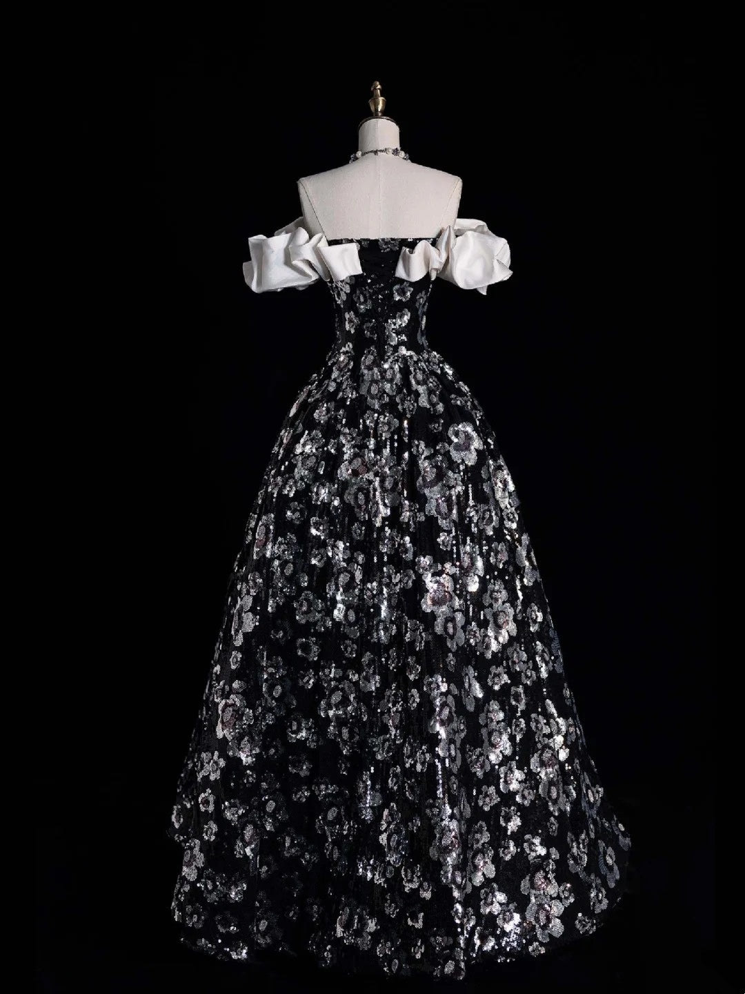 Modest Ball Gown Off The Shoulder Black Floral Sequin College Formal Sweet 16 Outfit Long Prom Dresses For Teens N1166