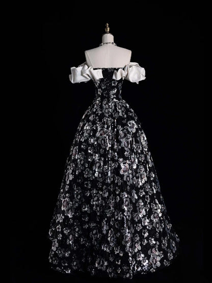 Modest Ball Gown Off The Shoulder Black Floral Sequin College Formal Sweet 16 Outfit Long Prom Dresses For Teens N1166