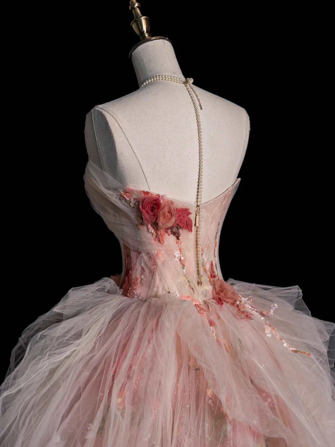 Modest Ball Gown Strapless Pink Floral Tulle Prom Dresses Inspiration Party Gowns Princess Formal Dress N756