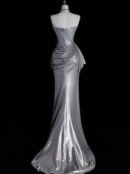 Whimsical Mermaid Strapless Silver Gray Sequin Pleated Bodice Long Prom Dresses Night Formal Dress N611