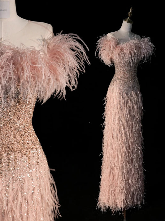 Modest Sheath Strapless Pink With Feathers Sequins Prom Dresses Inspiration Party Gowns Princess Formal Dress N1275