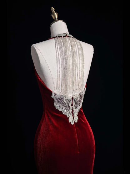 Stunning Mermaid Scoop Neck Burgundy Velvet With Tassels Prom Dresses Inspiration Evening Dress Princess Graduation Gown N1082