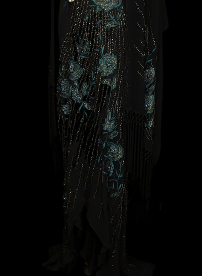 Vintage Prom Dresses Aesthetic Mermaid Halter Floral Chiffon Black With Beaded Crystals Bodice Inspo Formal Party Gowns N1824