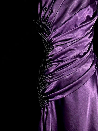 Modest Prom Dresses Mermaid One Shoulder Purple Satin With Ruffled Long Evening Outfits N3432