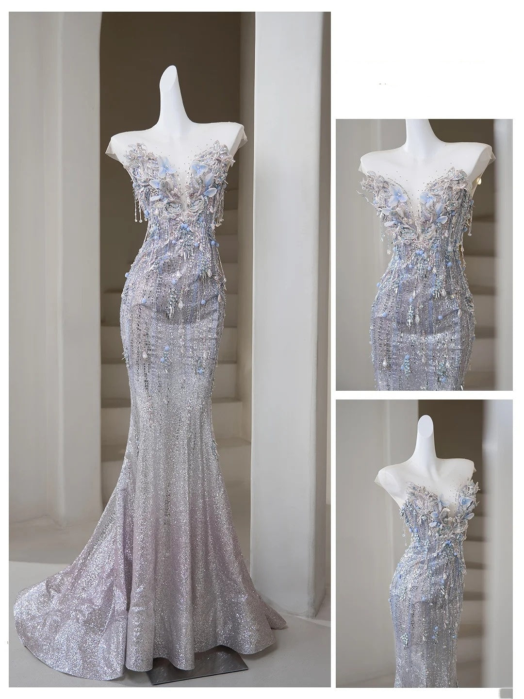 Classic Mermaid Wedding Dresses Sweetheart Silver Gray Sequin With Gem Crystals Brides Dress Bridal Gowns N299
