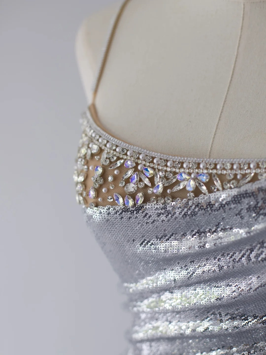 Sparkly Prom Dresses Mermaid Spaghetti Strap Silver Gray Sequined With Beading Slit Long Formal Gown N2922