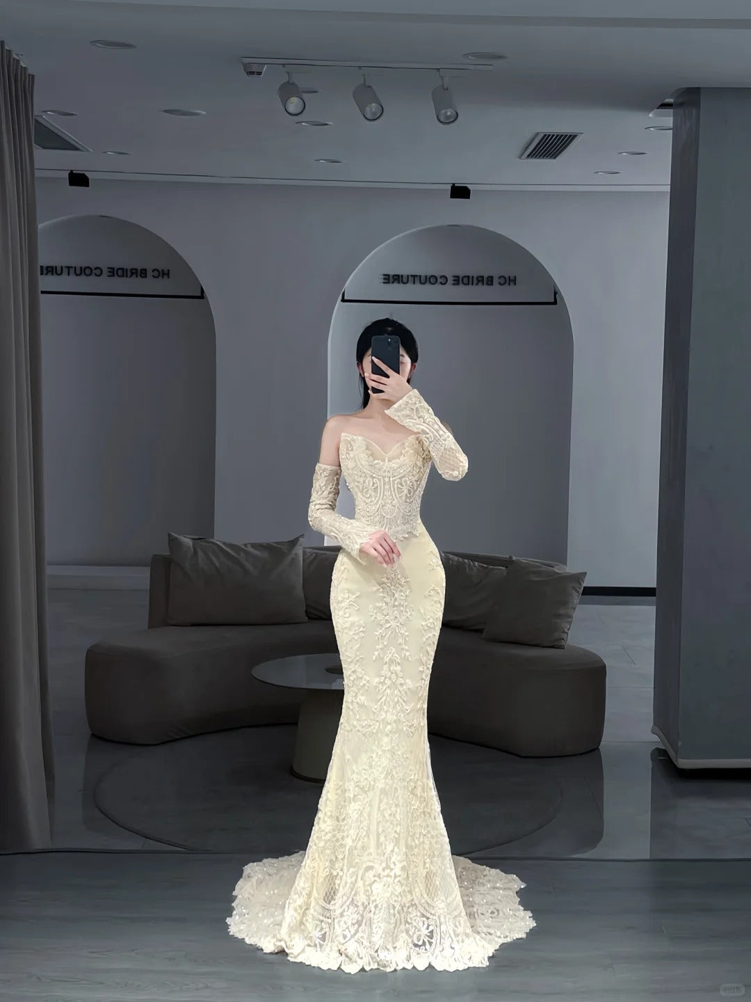 Princess Wedding Dresses Mermaid Strapless Lace With Long Sleeves Bridal Gown N3081