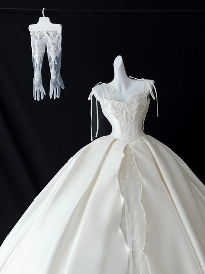Simple Wedding Dresses Ball Gown Spaghetti Strap White Satin With Lace White Long Bridal Gown N2951