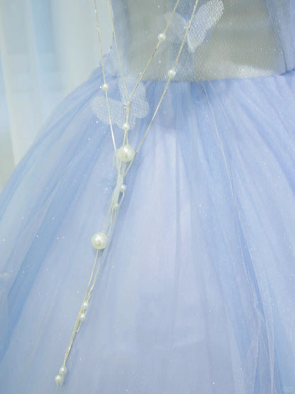 Pretty Prom Dresses Ball Gown Off The Shoulder Blue Tulle With Ruffle Long Formal Gown N2936
