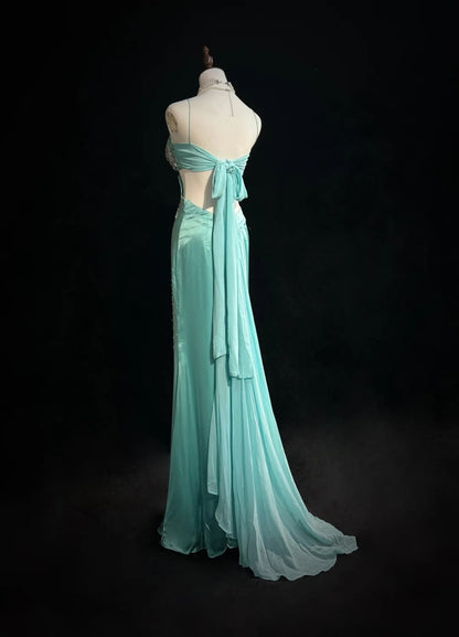 Classy Prom Dresses Mermaid Spaghetti Strap Backless Tiffany Blue Chiffon With Beaded Long Formal Evening Outfits N3708