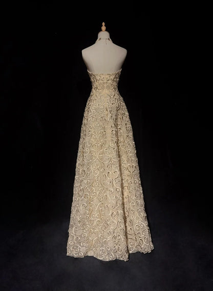 Vintage Prom Dresses A Line Strapless Gold Lace Sleeveless 1990s Long Formal Evening Gown N2639